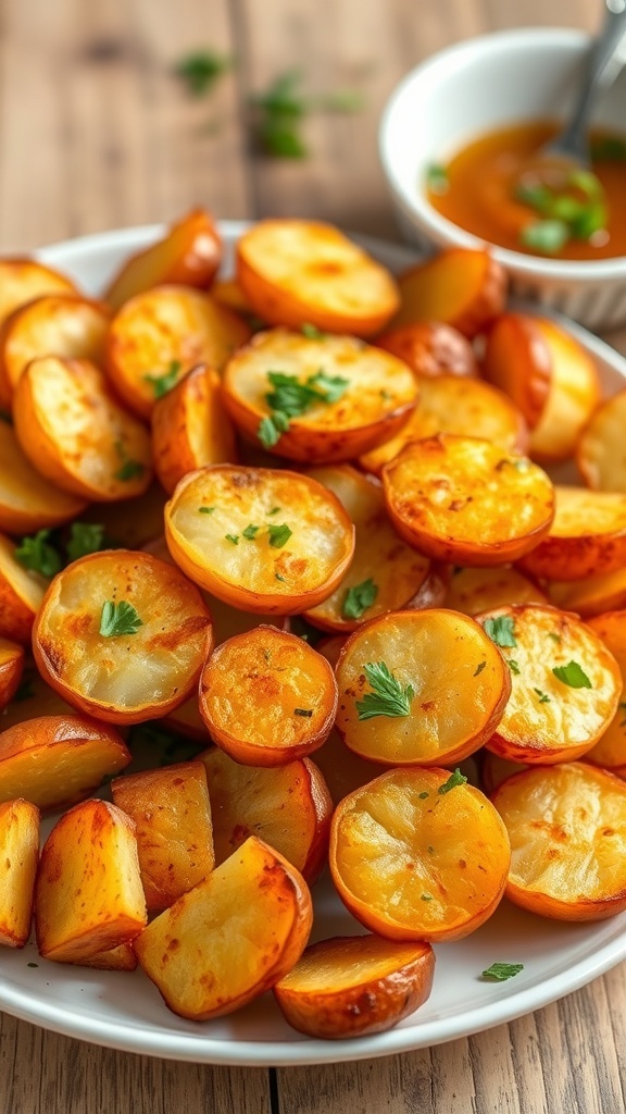 Crispy roasted potatoes on a plate, garnished with herbs, on a rustic wooden table.
